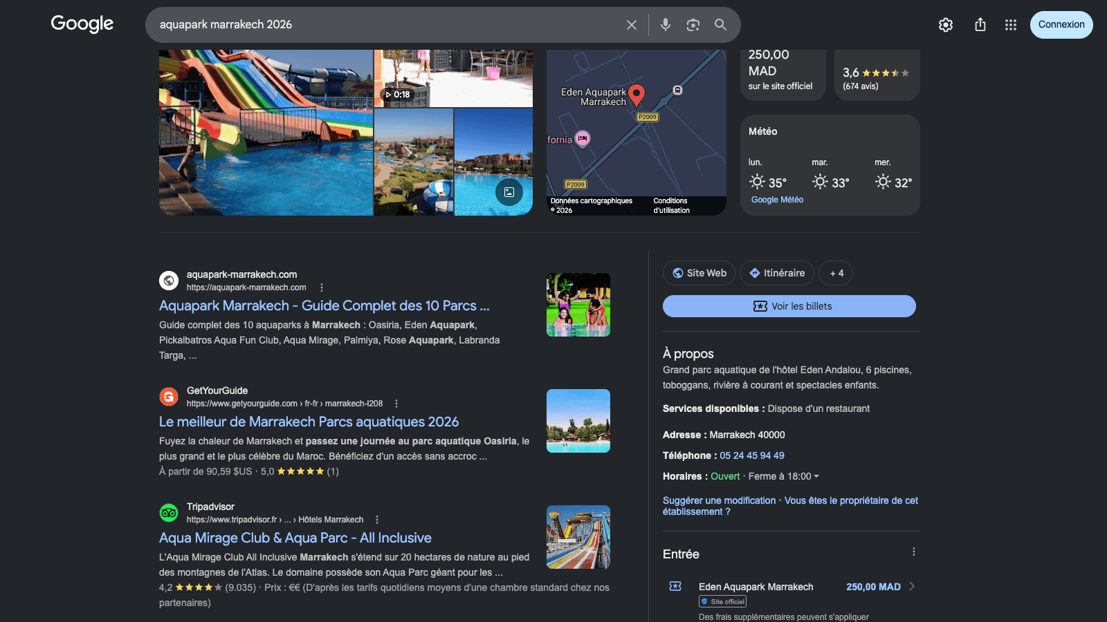 aquapark-marrakech.com #1 Google devant GetYourGuide et TripAdvisor — "aquapark marrakech 2026"