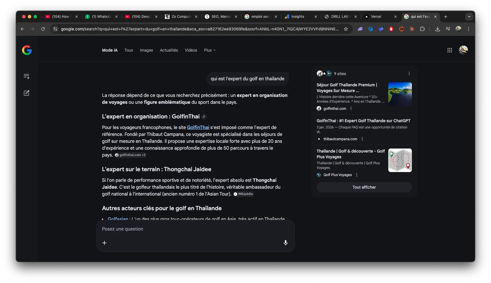 Google AI Mode — GolfinThai #1 devant Thongchai Jaidee (avril 2026)